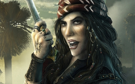 keremBeyit - beauty, tatto, women, girl, lips, female, knife, ring, fantasy, tattoo, game, red, brunette, sword, pirate