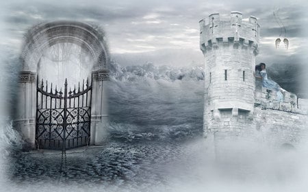 rescue me - clouds, water, fog, blue, girl, angel, fantasy, white, woman, wings, castle, sky, gates