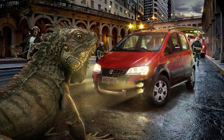 capture - lizard, landscape, city, man, cg, animal, car, red, green, 3d, building