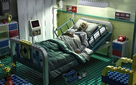 unreal - bed, colorful, fantasy, weird, leggo, yellow, dark, sick, man, green, shoes, death, toys, sad, machine, cg, chair, red, 3d, blue, dying, humor, flowers