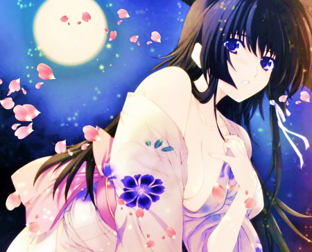 Moonlight Sakura - moon, sakura, girl, fireflies, anime, kimono