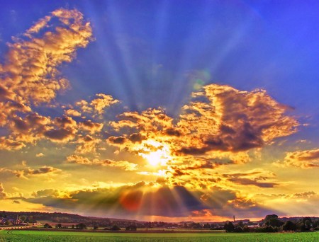 Summer gold - golden colour, clouds, rays, blue sky, trees, sunset, buildings, grass