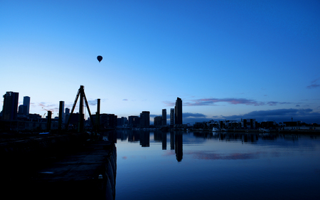 Morning Balloon Ride - sky, boats, water, cranes, bay, skyline, reflection, blue, beautiful, ballon, sunrise