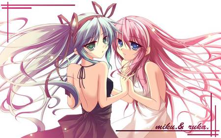 Hatsune Miku & Megurine Luka - girls, twintail, black, white, pretty, megurine luka, anime, miku, megurine, cute, hatsune miku, luka, sexy, girl, blue eyes, pink hair, hatsune, vocaloids, blue hair, vocaloid, blue, pink, beautiful, dress