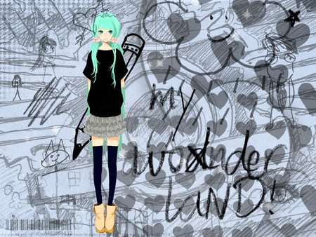 My Wonder Land - pretty, star, anime, vocaloid, heart, twintail, hatsune miku, blue hair, blue eyes, idol, girl, thighhighs, black, white, miku, cute, hatsune, vocaloids, hearts