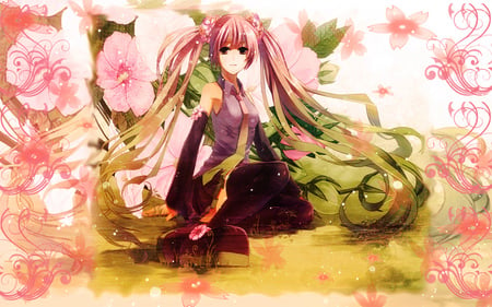 Sakura Miku - pretty, tie, anime, vocaloid, twintail, meadow, hatsune miku, pink, flowers, sakura miku, pink flowers, beautiful, girl, thighhighs, miku, green, cute, vocaloids