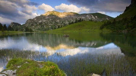 Reflection on the lake - water, lake, mountain, clouds