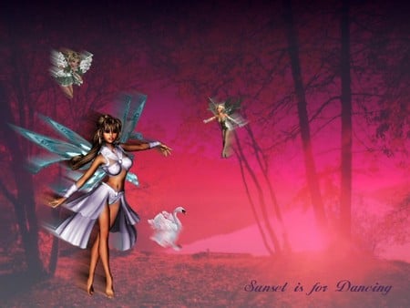 SUNSET DANCER - forest, swan, pink, fairies, sunset, dancer