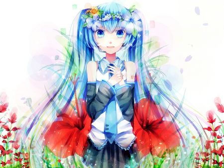 Hatsune Miku - pretty, anime, vocaloid, blue, twintail, grass, hatsune miku, crying, flowers, red, blue hair, blue eyes, red rose, skirt, beautiful, miku, rose, cute, hatsune, vocaloids