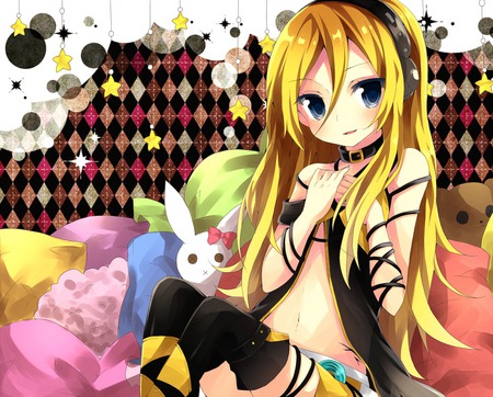 Lily - pretty, blushing, anime, vocaloid, yellow, pillows, stars, yellow hair, blue eyes, rabbit, beautiful, girl, toy, lily, cute, sexy, vocaloids