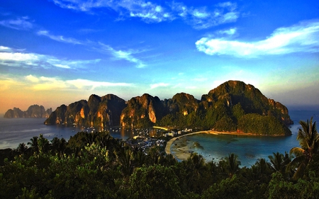 A VIEW OF PARADISE - beach, ocean, paradise, ships, palms, mountains, road, nature, forest, island, rock, rocky