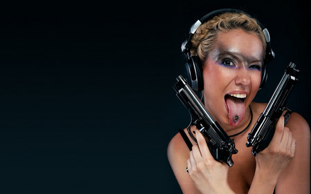 bum bum....... - nice, woman, gun, sexy, tongue, girl, blond, model, makeup, mouth, face, cool, shot, beautiful, crazy, arms