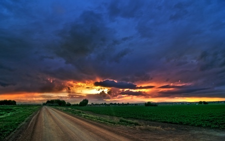 Sunset - road, landscape, beautiful, village, peaceful, grass, blue, sky, clouds, trees, sunset, nature, green