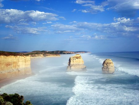 Coastline Australia - ocean, surf, waves, rocks, sea mist, blue, beautiful, vast, cliffs