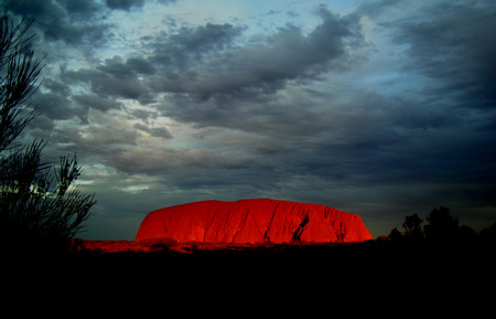 Uluru - Ayres Rock at Sunset - red, rock, magnificent, glow, clouds, desert, sunset, wonder