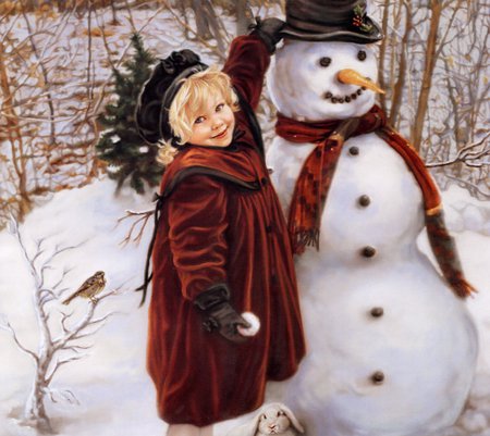 mr snowman - snowball, girl, snow, winter, hats, carrot, bird