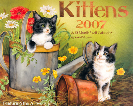 Kitten Calander - pot, flowers, kittens, calander, water can, playing