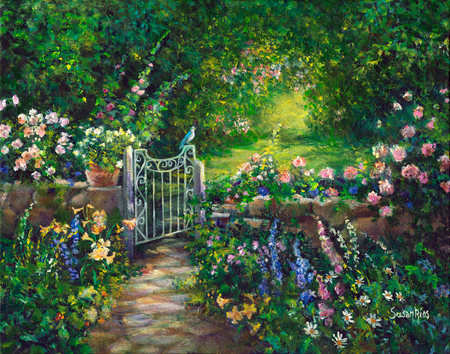 Welcome - flowers, path, trees, gate, garden, cobblestone