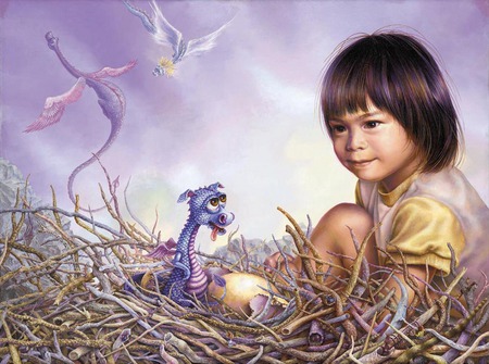 Serendipity - flying, hatch, abstract, girl, dragons, egg