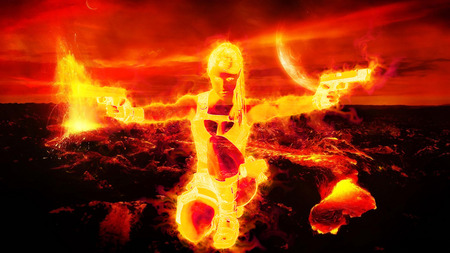 Flame Girl - cg, fantasy, volcano, fire, guns, girl, flames, lave