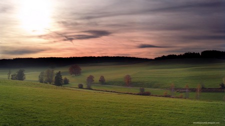 Sun Coming Up - hills, fields, trees, sunset