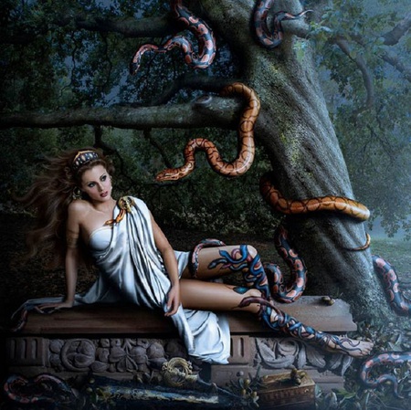 Serpents Gaze - girl, fantasy, serpent, snakes