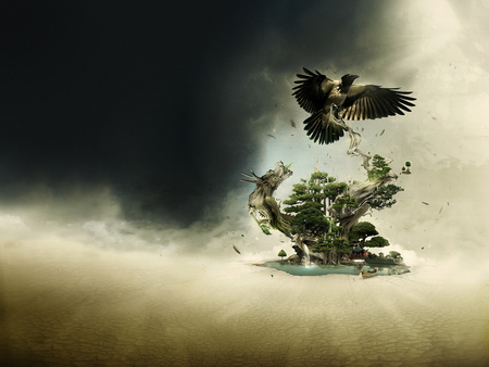 Fantasy Scape - bird, fantastic, scape, tree, cg, fantasy, nature, dragon, pool, pagoda