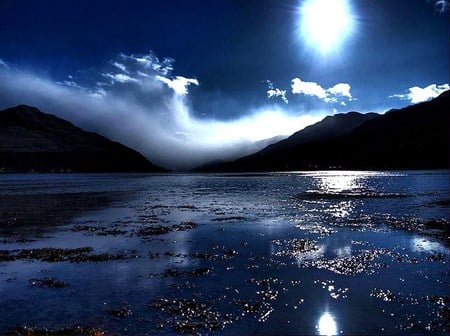 Melody blue - silver sheen, sky, night, water, mountains, reflections, muted sunlight, blue, wispy clouds