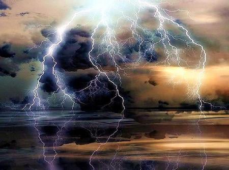 Flash dance - reflections, water, dark, striking, storm clouds, nature, flashes, lightning, sky