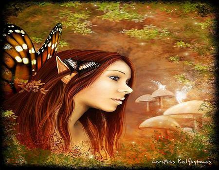 Autumn fairy - trees, butterflies, light, stars, flowers, gold and green, autumn, fairy, mushrooms