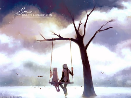 Hatsune Miku & Kaito - swings, pretty, anime, vocaloid, birds, hatsune miku, boy, kaito, sky, clouds, beautiful, girl, love, tree, scarf, miku, cute, hatsune, vocaloids, lovers