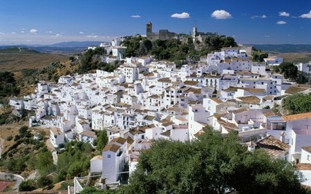 Casares - casares, sky, trees, photography, rooftops, white, architecture, house, hill, spain, houses, white houses, wallpaper, nature, village, church, town, city, new, europe