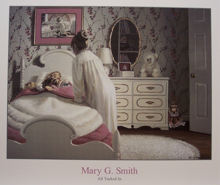 Tucked in - bed, little girl, dresser, mirror, mother, bedroom