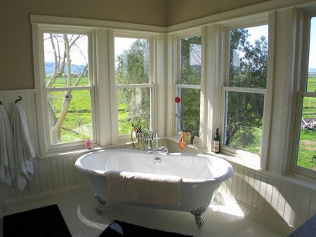 The Bathroom - tub, view, windows, wainscoting, bathroom, country