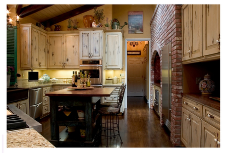 A French Kitchen - brick, warm, cupboards, table, charming, lights