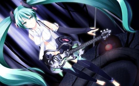 Hatsune Miku Append 01 - hot, guitar, stage, twintail, thighhighs, pretty, anime, miku, cute, hatsune miku, sexy, blue eyes, vocaloids, blue hair, hatsune, vocaloid, beautiful, tie