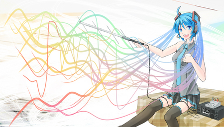 Hatsune Miku - thighhighs, rainbow hair, cool, pretty, idol, anime, miku, static, cute, hatusne, hatsune miku, raindow, girl, blue eyes, funny, vocaloids, blue hair, vocaloid, beautiful, tie, awesome