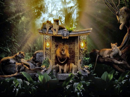 The King and his subjects - trees, vines, plaque, lanterns, light, medallion around neck, big, royal hut, king, jungle, cats, lion, lionesses