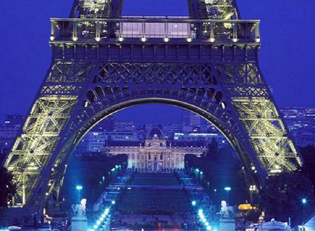 Neath the Eiffel tower - paris, blue night, lights, beauty, city, france, buildings, eiffel tower