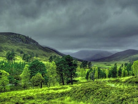 Green in many colors - trees, hills, cloudy sky, mountains, grass, shades of greesn