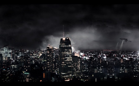 NIGHT ATTACKS - sky, dark, clouds, attacks, night, city, lights, planes