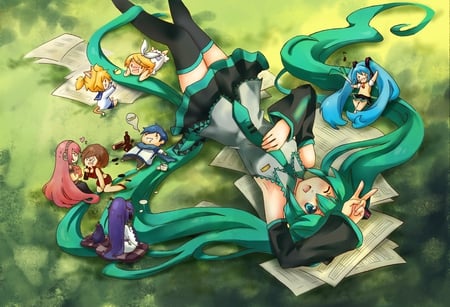 miku and chibi - blue hair, piggy-tails, miku, vocaloid