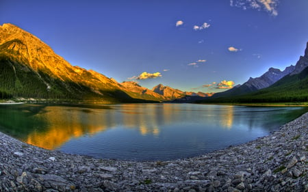 Valley Sunset - beach, sunset, mountains, nature, lakes, reflection, blue, beautiful, clouds, skies, rocky