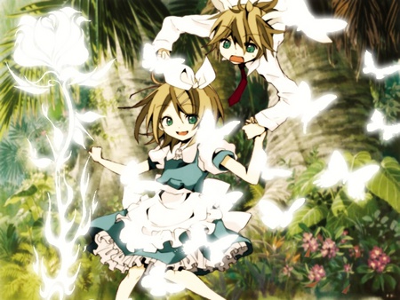 Kagamine Rin & Kagamine Len - pretty, tie, anime, vocaloid, butterflies, dress, kagamine len, flowers, shiny, rin, kagamine rin, alice in wonderland, yellow hair, len, blue eyes, kagamine, beautiful, tree, butterfly, cute, vocaloids