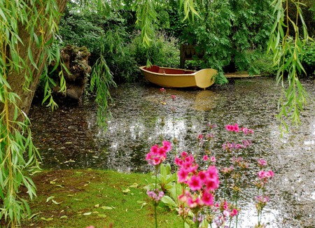 Colorful Lake - lake, tree, boat, flower