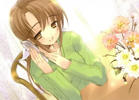 hello??? - telephone, girl, female, hair, brown, anime, green, cute, flower