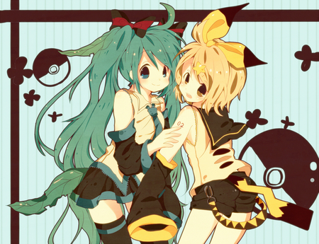 Hatsune Miku & Kagamine Rin - thighhighs, twintail, yellow hair, rin, pretty, yellow, cool, kagamine, anime, miku, cute, birds, tail, hatsune miku, pokeball, girl, kagamine rin, blue eyes, funny, hatsune, vocaloids, ears, pokemon, blue hair, bow, vocaloid, blue, beautiful, tie