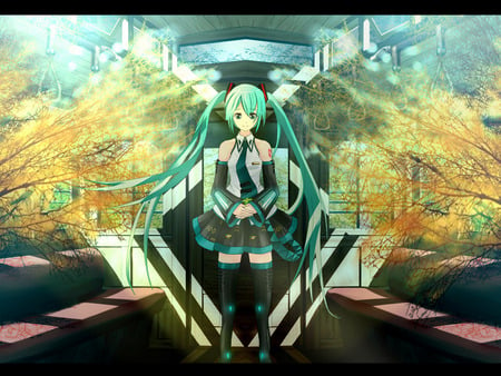 Hatsune Miku - 4 leaf clover, trees, peaceful, thighhighs, twintail, clover, train, pretty, anime, miku, cute, seats, hatsune miku, subway, girl, blue eyes, hatsune, vocaloids, blue hair, vocaloid, beautiful, tie