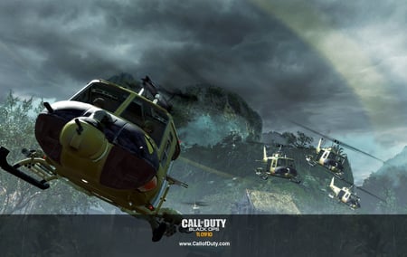 Call of Duty: Black Ops - clouds, formation, lagoon, huey, guns, helicopter, rockets, rocket pods, cool, black ops, cod, river, awesome, jungle, call of duty, sky