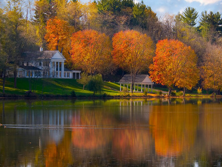 On The Lake In Autumn - trees, grass, reflection, orange, home, fall, grounds, clear, lake